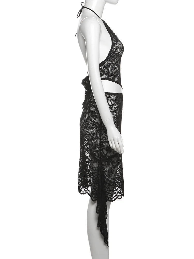 Nibber Sexy Jacquard Women 2 Piece Set Y2K Coquette Halter Backless Tank Tops+Irregular Skirts Matching Summer Midnight Clubwear Aviola
