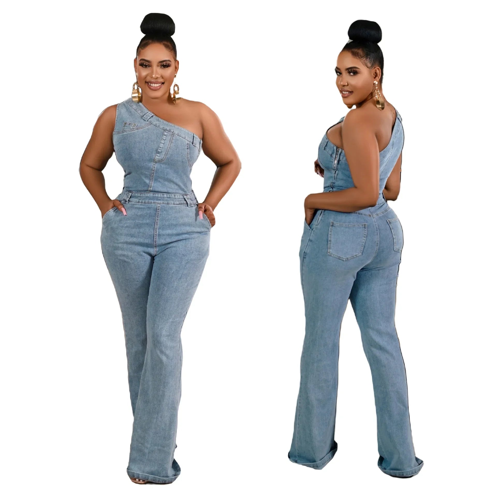 Flare Denim Pants Full Length Women Jeans One Piece Overalls Spliced Solid Jumpsuits Loose Pockets High Waist Basics Washed Aviola
