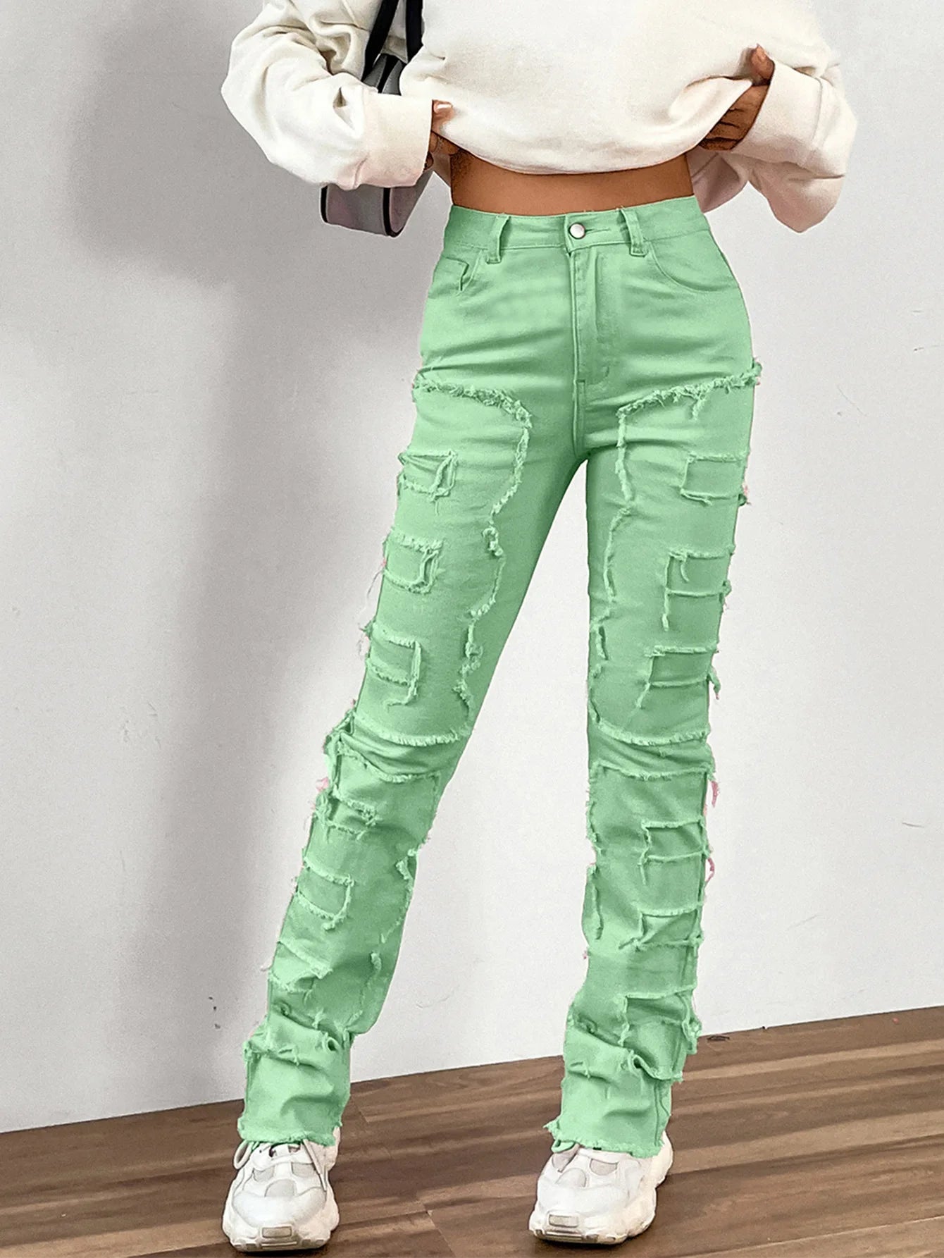 Women Jeans Denim Straight Pants Spliced Patchwork High Street Slim Fit Pockets Mid Waist Washing Zipper Slight Srech 2024 Aviola