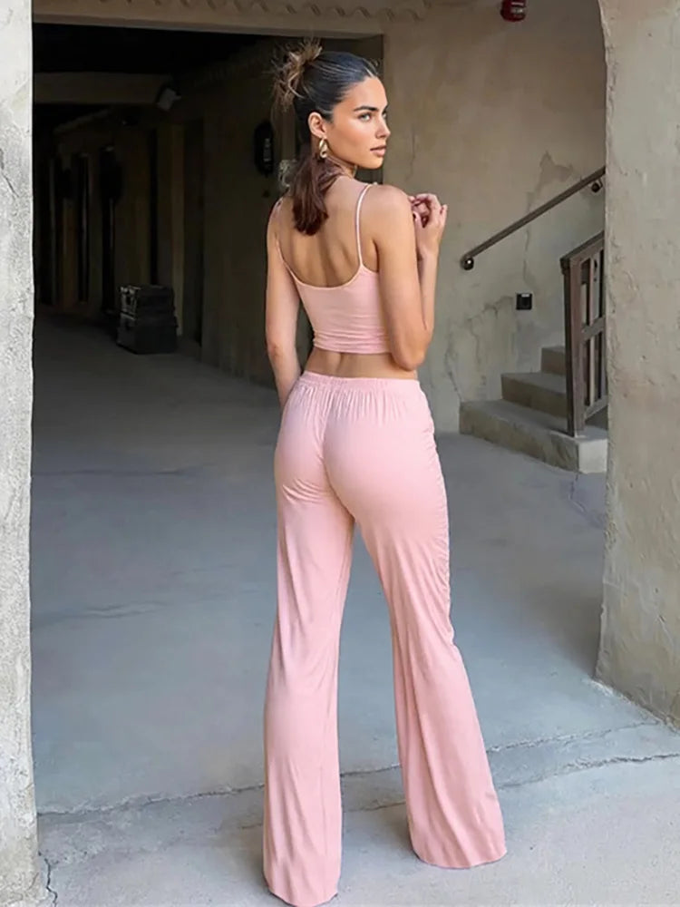 Nibber Floral Prints 2-Piece Set Women Patchwork Bows Low-Neck Suspender Tops+Bandage Loose Trousers Leisure Comfortable Suits Aviola