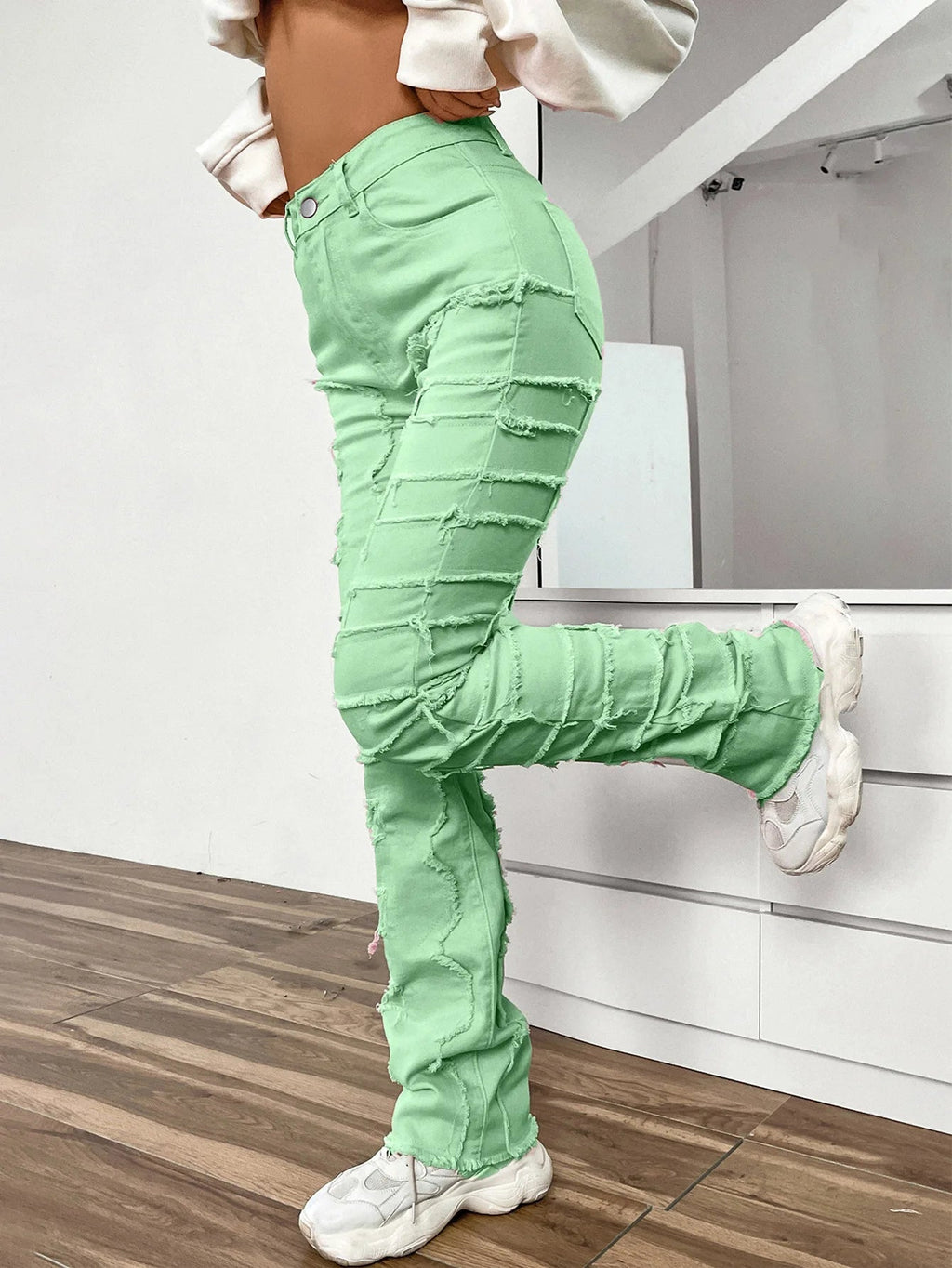 Women Jeans Denim Straight Pants Spliced Patchwork High Street Slim Fit Pockets Mid Waist Washing Zipper Slight Srech 2024 Aviola