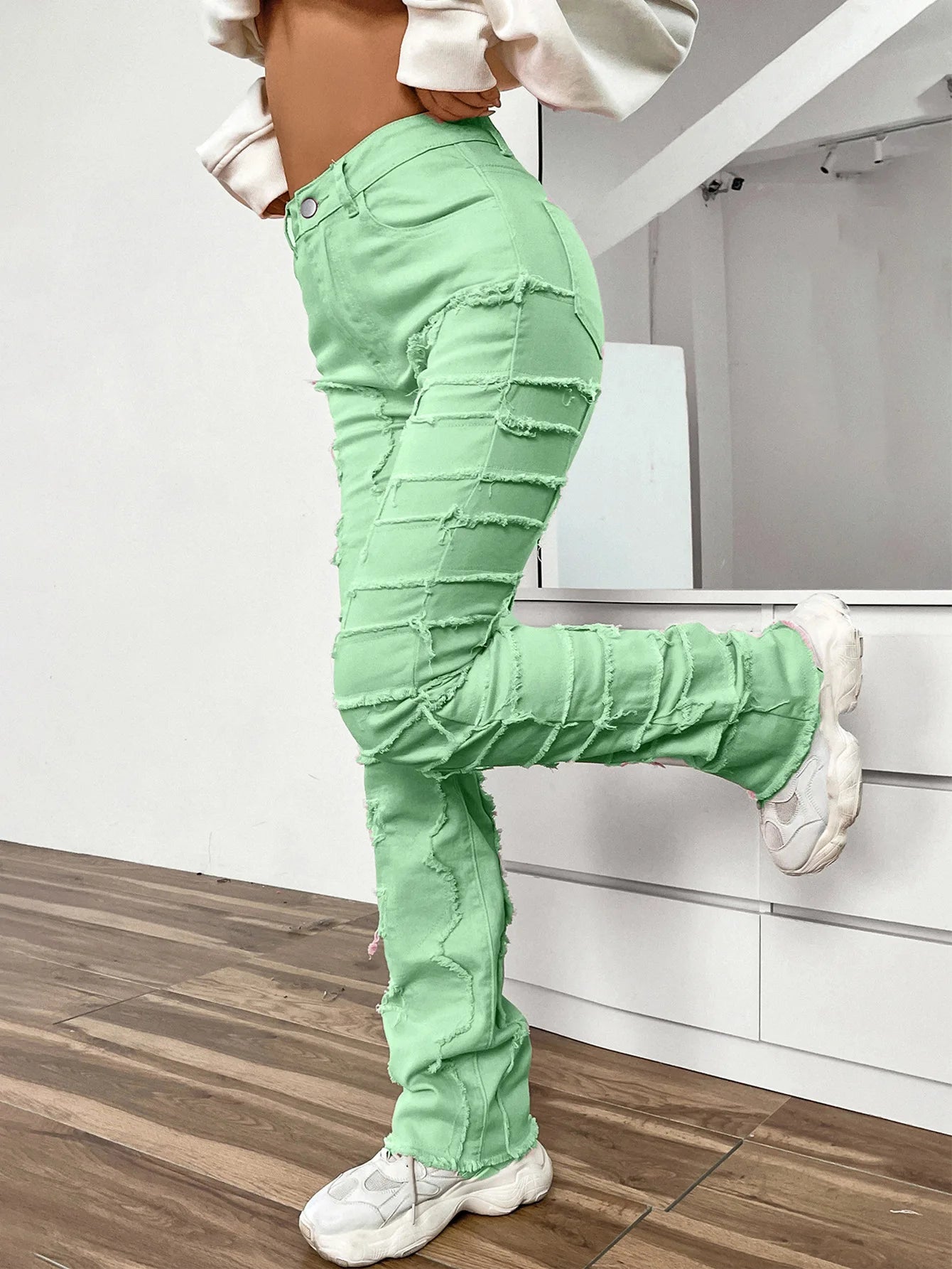 Women Jeans Denim Straight Pants Spliced Patchwork High Street Slim Fit Pockets Mid Waist Washing Zipper Slight Srech 2024 Aviola