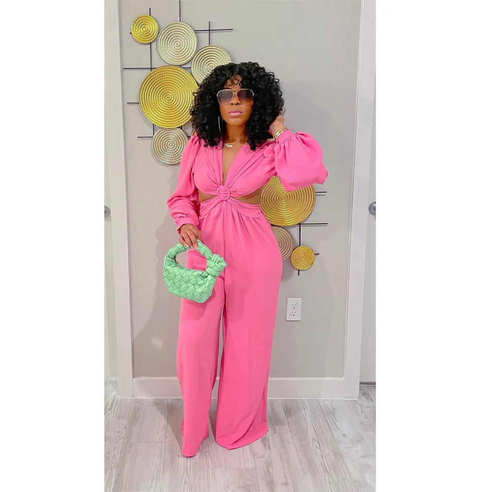 Jumpsuits Long Sleeve One Piece V Neck Women Rompers Backless Sexy Overalls Solid Wide Leg Pants Pockets Spliced Full Length Aviola
