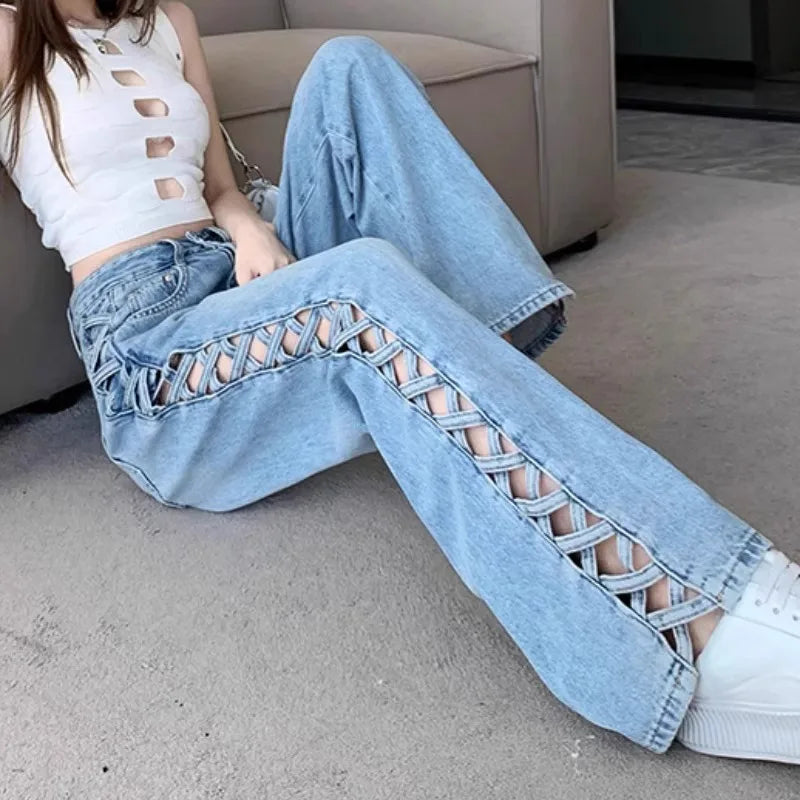 Women Casual Mom Jeans Hollow Out High Waist Trousers Button Zipper Wide Leg Pant Office Lady Loose Spring Club Y2k Streetwear Aviola