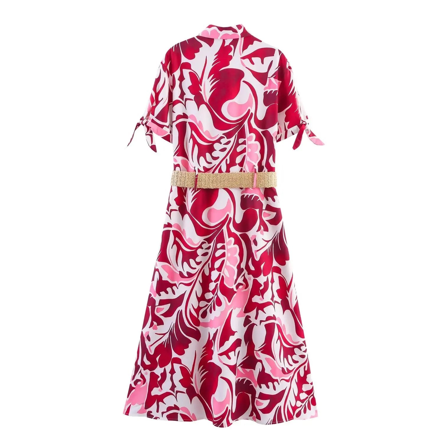 BM&MD&ZA2025 Women's Summer New Belt Decorated Casual Elegant Collared Short Sleeve Shirt Style Mid Length Printed Dress Aviola