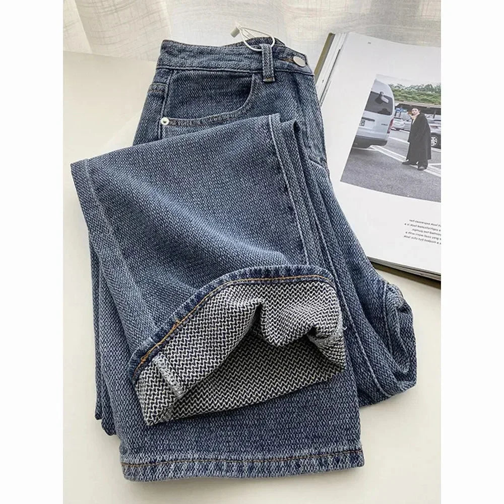 Jeans Women Wide Leg Pants Denim High Waist Zipper Fly Vintage Pockets Button Floor Length Trousers Straight Casual Denims Aviola