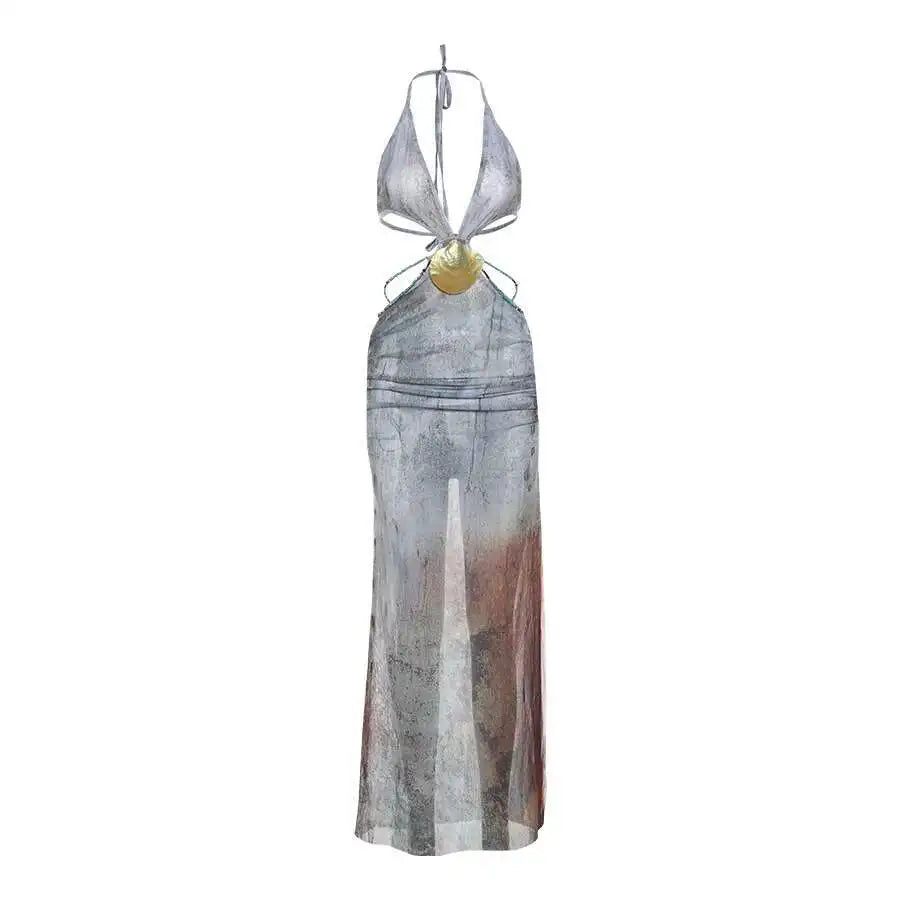 Nibber Pearl Shells Halter Dress Women Summer Trend Backless Deep V-Neck Skinny Long Bodycon Vestidos Dresses Sweet PA8P Aviola
