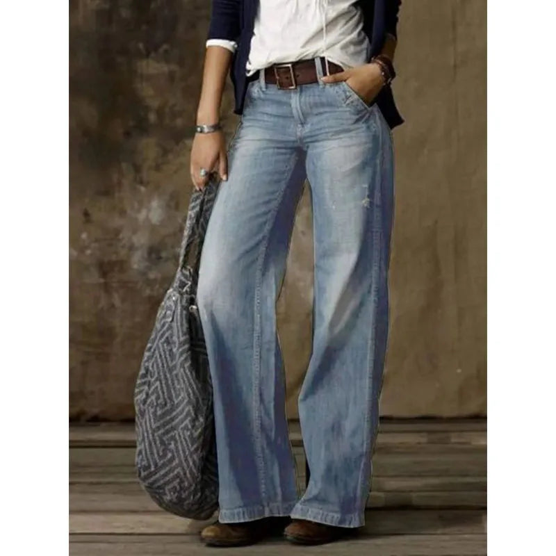 Women Jeans Wide Leg Pants Ankle Length Washing Denim Distressed Pockets High Waist Casual Loose Solid Spliced Summer 2024 Aviola