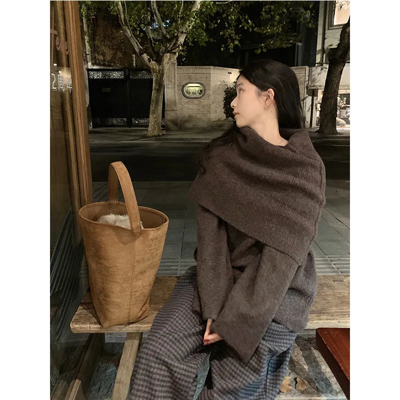 MEXZT Vintage Sweater Women Elegant Patchwork Knitted Pullovers Streetwear Korean Long Sleeve Knitwears Winter Casual Jumpers Aviola