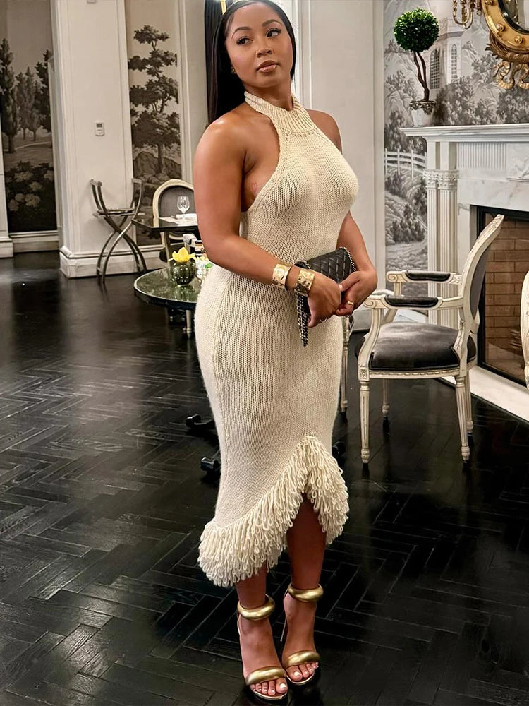 Nibber Knit See Through Women Dress Irregular Backless Sleeveless Halter Sexy Tassel Hem Clubwear Stretch Hipster Party Vestidos Aviola