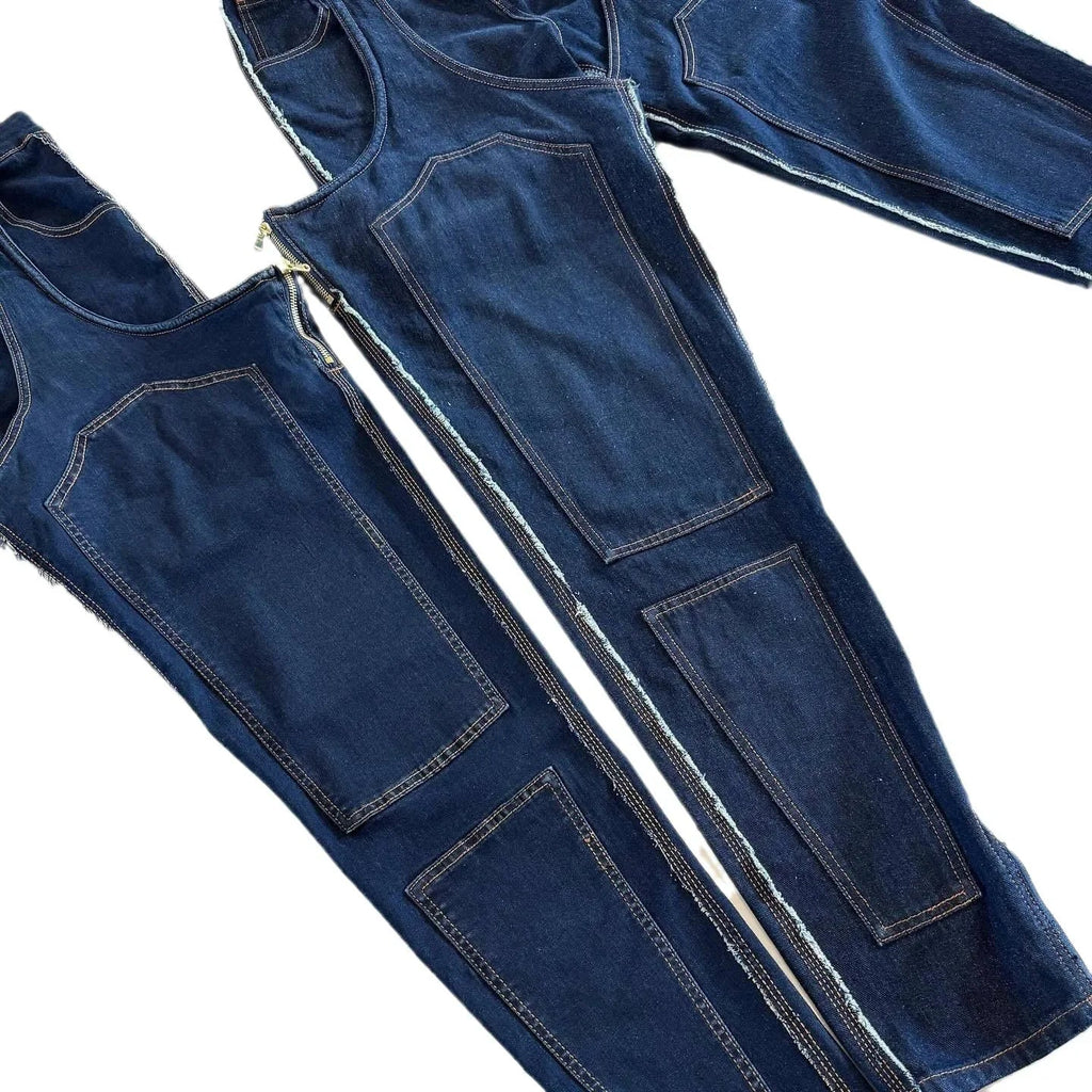 Mom Jeans Straight Pants Women Hollow Out Zipper High Strecth Pockets Irregular Denim Vintage Y2k 2025 Trousers Streetwear Aviola