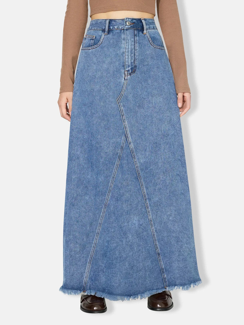 Denim Skirt Women Vintage Long Skirts High Waist Distressed Washed Button Pockets Summer Mom Jeans Y2k A Line Streetwear 2025 Aviola