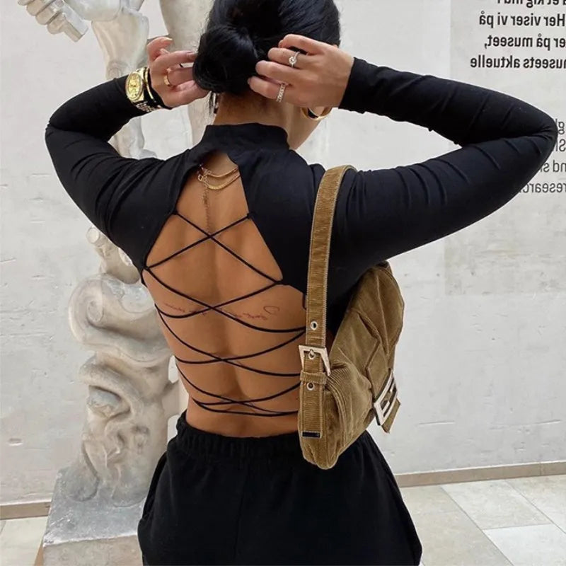 European and American Y2K Autumn/Winter New Round Neck Long sleeved Sexy Open Back Tie Slim Fit T-shirt for Women Aviola
