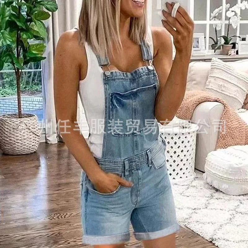 Women Rompers Jeans Jumpsuits One Piece Overalls Washing Denim Shorts Button Loose Casual Pockets Knee Length 2024 Summer Aviola