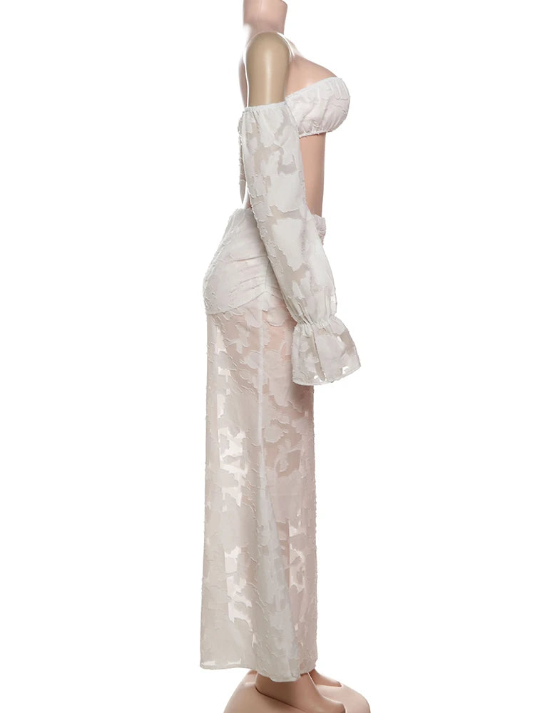 Nibber Beach Party Mesh Patchwork 2 Piece Set Women Sexy Slash Neck Flared Sleeve Crop Tops+A-Line Long Skirts Elegant Suits Aviola