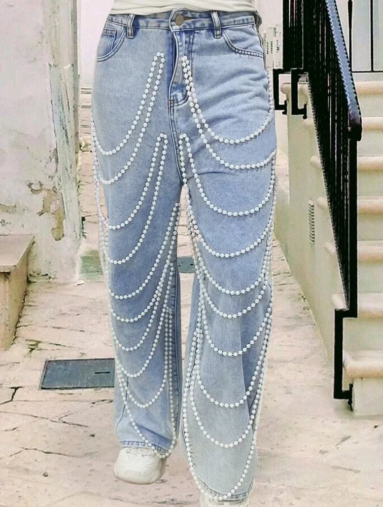 Straight Pants Women Jeans High Waist Beading Washed Distressed Vintage Mom Pockets Button 2025 Streetwear Y2k Denim Trousers Aviola