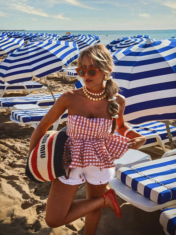 Nibber Red And White Checkered Print Chest Wrap Pleated Fluffy Hem Sleeveless Backless Vacation Versatile Beach Party Trend Tops Aviola