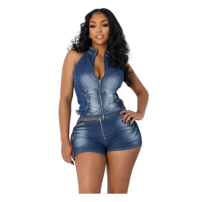 Denim Shorts Women Suit 2 Piece Sets Sexy Vest Top Sleeveless Matching Sets Zipper Fly Jeans Short Pants Outfits Streetwear 2025 Aviola