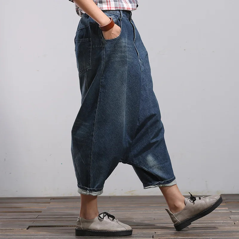 Harem Denim Pants Women Vintage Jeans Spliced Pockets Streetwear Loose Jean Washed Zipper Fly Distressed Ankle Length 2024 Aviola