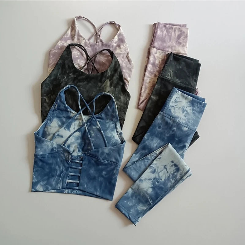 2PCS Seamless Women Yoga Set Workout Sportswear Fitness Crop Top Tie Dye High Waist Leggings Gym Clothing Two Piece Sports Suits Aviola