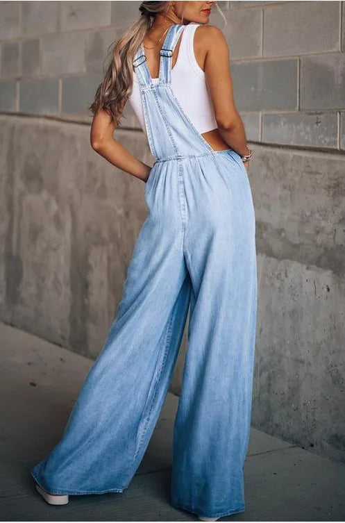 Pocket Design Wide Leg Suspender Denim Jumpsuit for Women Overall Cowboy BibSquare Neck Daily Regular Fit Sleeveless Summer Fall Aviola