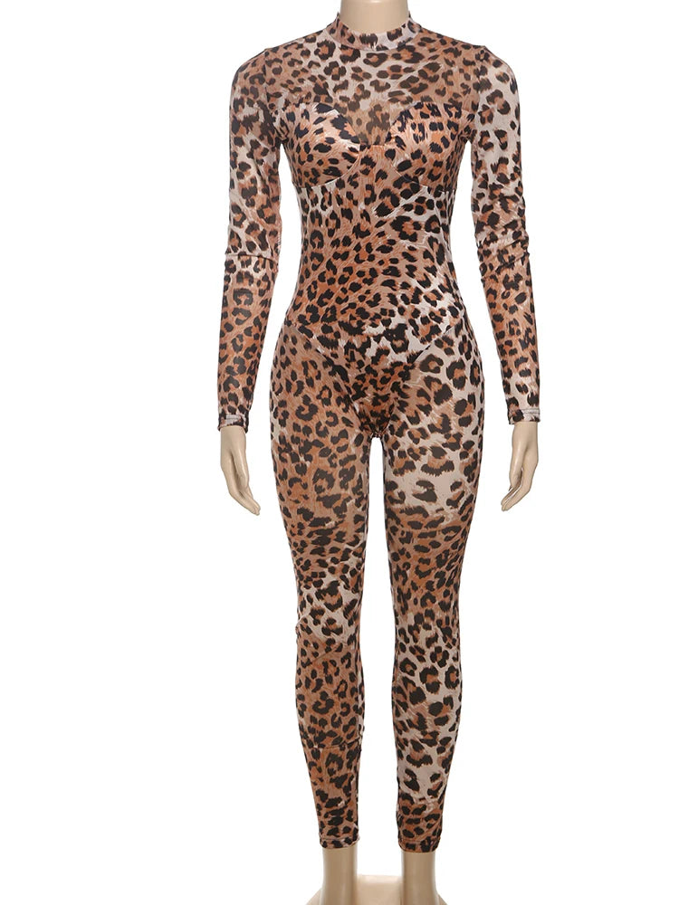 Nibber See Through Leopard Print Jumpsuit Women Sexy midnight full sleeve Hipster Fit Street Clubwear Party Workout Overalls Aviola