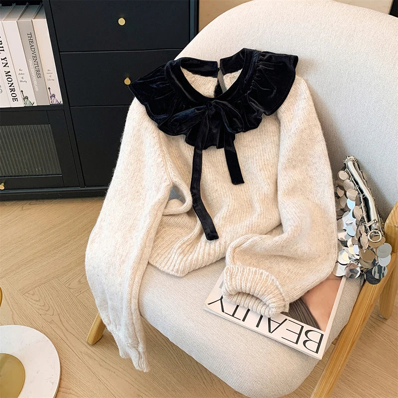 MEXZT Vintage Bow Sweater Women Streetwear Velvet Patchwork Knitted Pullovers Long Sleeve Knitwears Winter Korean Casual Jumpers Aviola