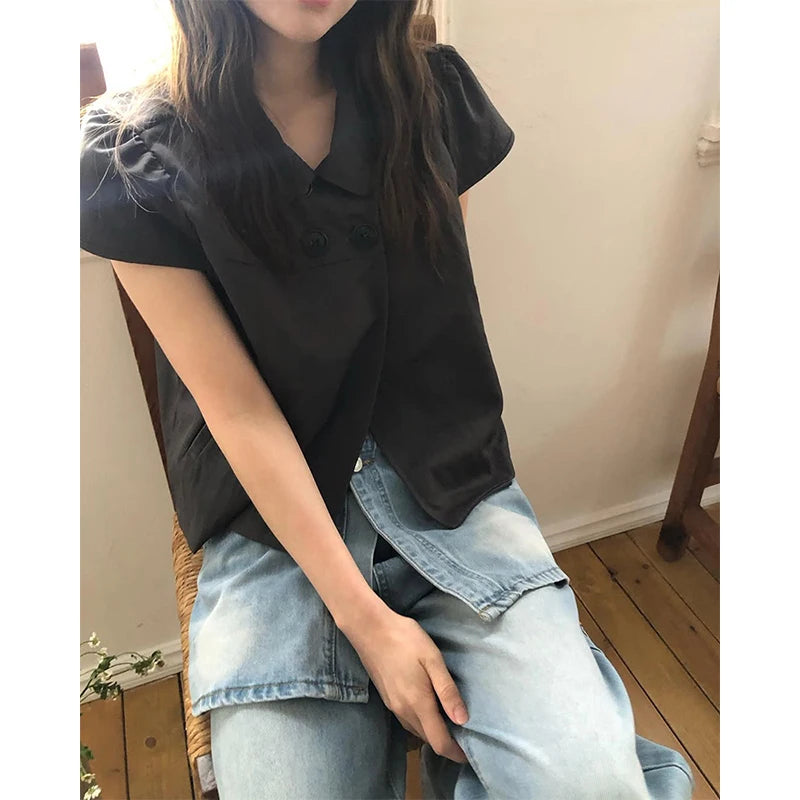 MEXZT Vintage Black Shirts Women Japanese Harajuku White Cropped Puff Short Sleeve Blouses Summer Korean Casual Design Tops New Aviola