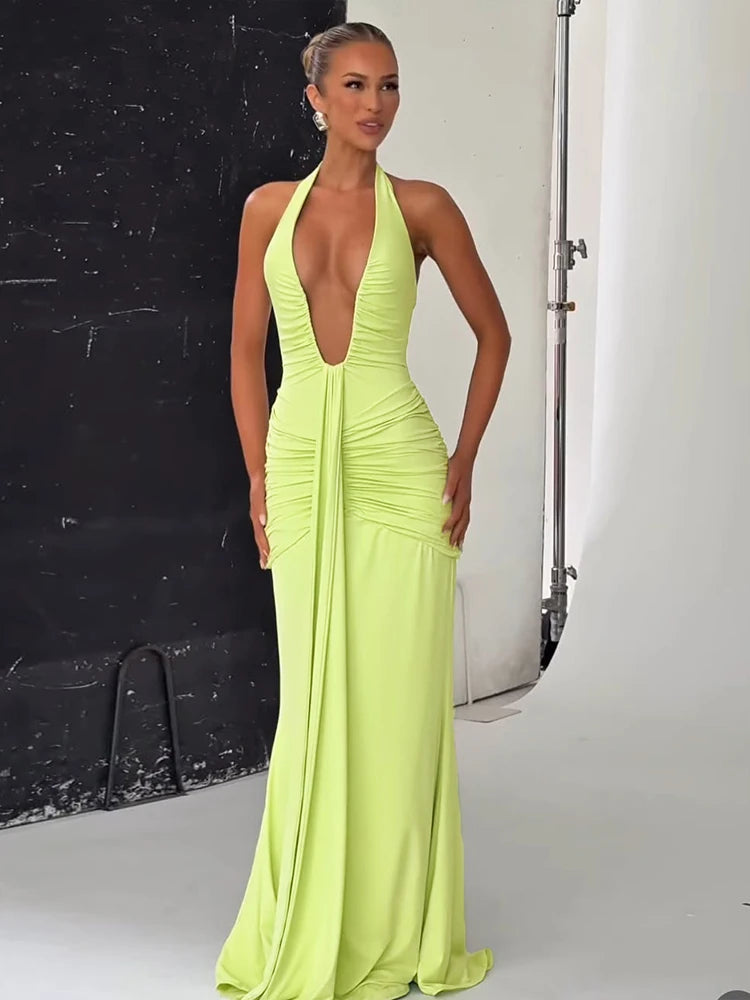 Nibber Sexy Backless Tassel Dress Women Peach Buttock Pleated Patchwork Solid Halter Sleeveless Midnight Clubwear Party Vestidos Aviola