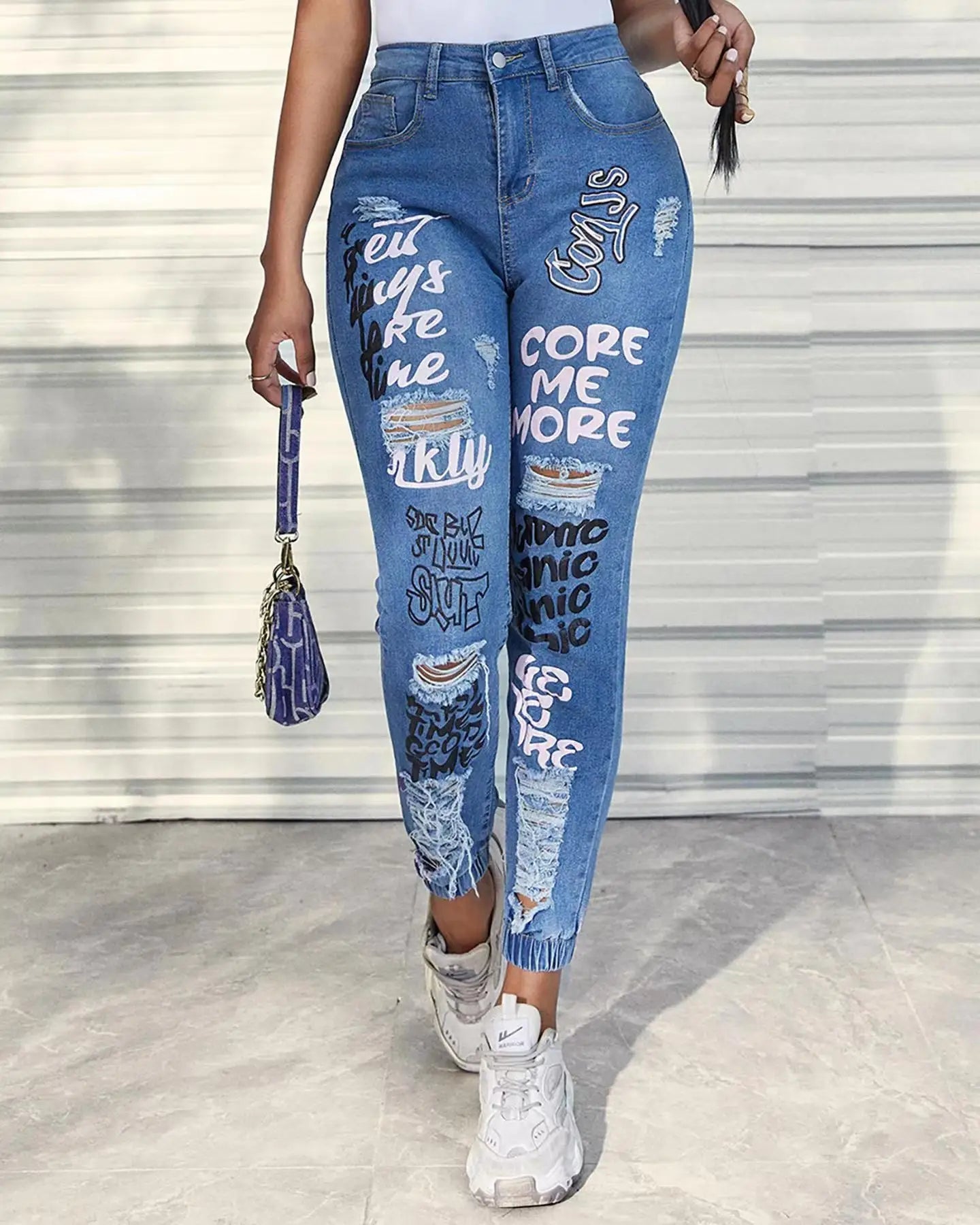 Women Denim Jeans Ankle Length Print Holes Pencil Pants Pockets Washing Slim Basics Zipper Fly Spring Flat Slight Strech Aviola
