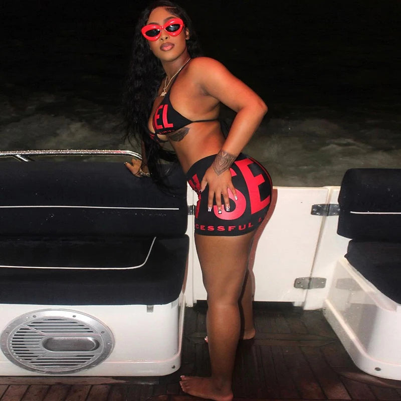 Nibber Letter Print Woman 3 Piece Set Bandage Bra+Mini Bottoms+Mini Skirt Beach Party Fashion Sexy Style Hottie Matching Suit Aviola