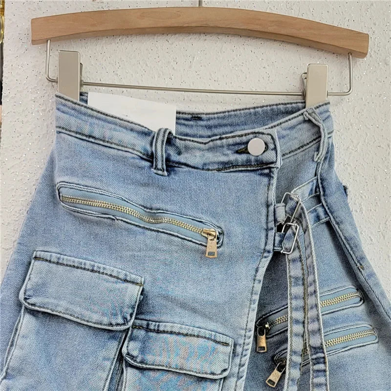 Denim Skirt Women Jeans Culottes Cargo Shorts Irregular Washed High Waist Multiple Y2k Punk Streetwear Short Pants Summer 2025 Aviola