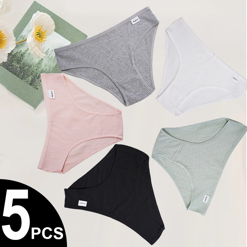 5PCS Women's Low Waist Bikini Underwear - Solid Color Underwear, Seamless Breathable Elastic Knitted Cotton Panties Aviola