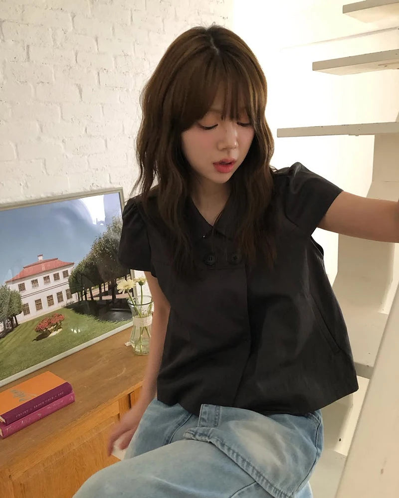 MEXZT Vintage Black Shirts Women Japanese Harajuku White Cropped Puff Short Sleeve Blouses Summer Korean Casual Design Tops New Aviola