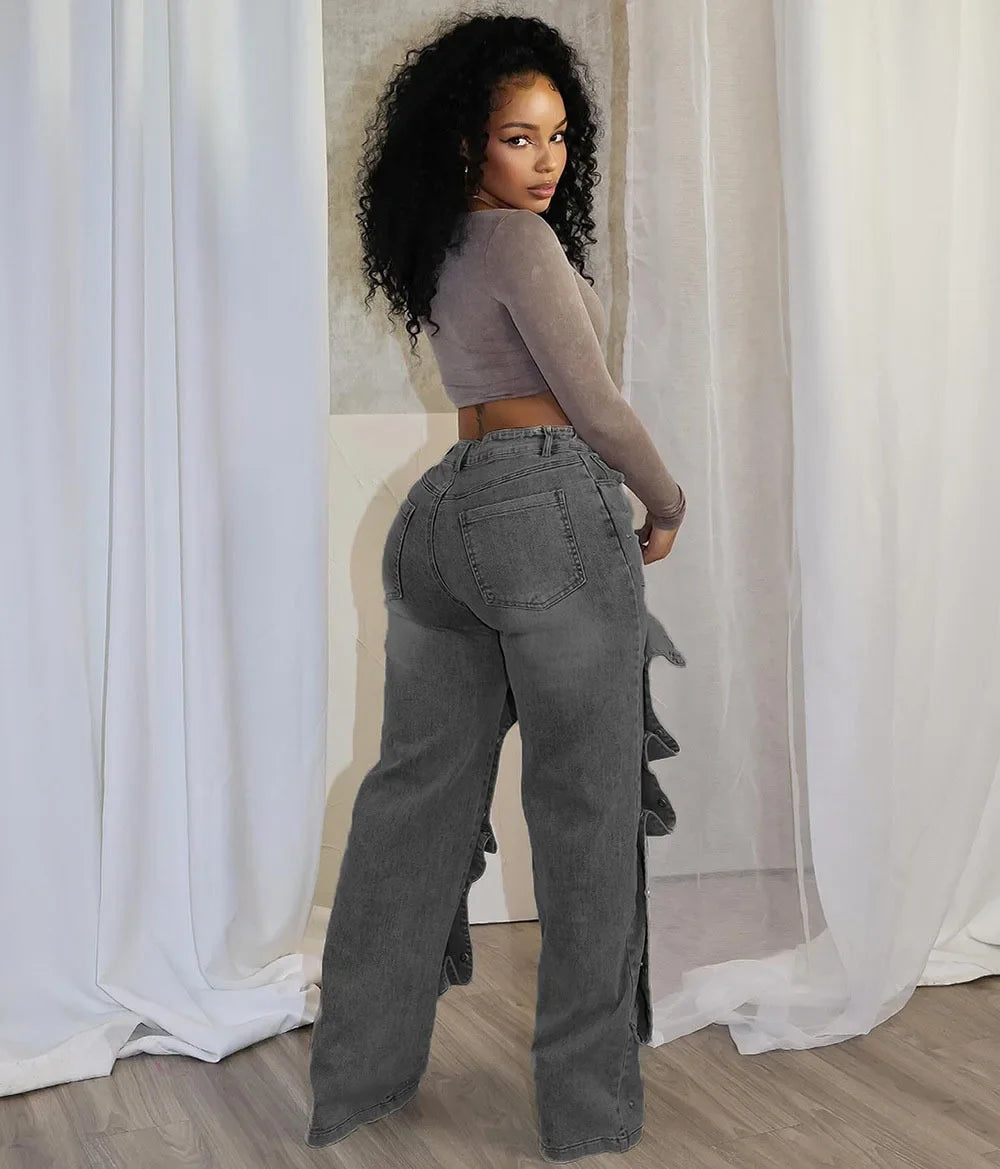 Jeans Denim Pants Women Straight Button Pockets High Waist Mom Floor Length Washed Distressed Strech Trousers 2025 Streetwear Aviola