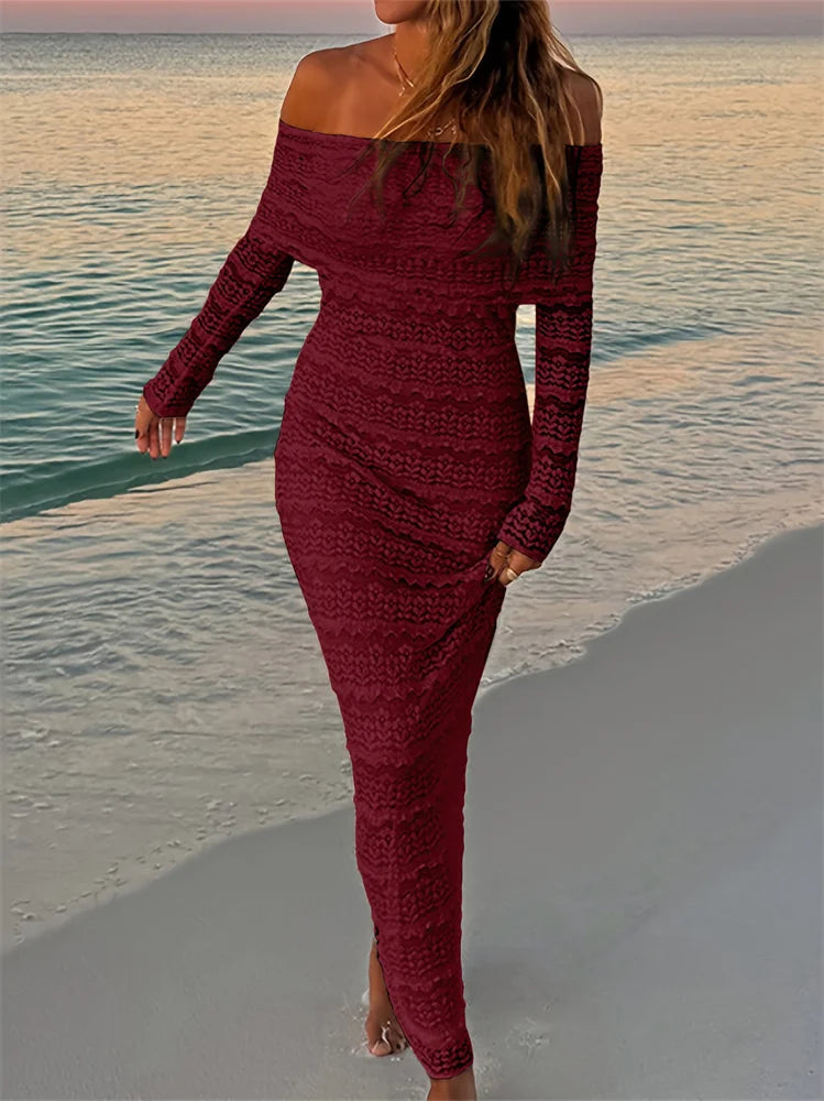 Nibber See Through Vacation Dress Women Jacquard Lapel Slash Neck Backless Full Sleeve Beach Party Elegant Chic Long Bodycon Aviola