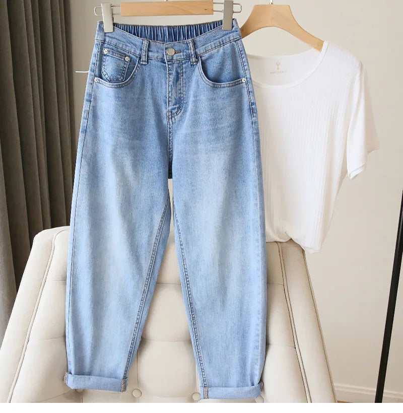 Bleached Jean Ankle Length Straight Denim Pants Women Harem Jeans Pockets Mid Waist Loose Fit Casual Solid Washed 2024 Aviola