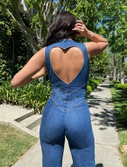 One Piece Denim Jumpsuit Summer New Slim Thin Backless High Waist Overalls Jeans Sleeveless Zipper V Neck Rompers Long Pants Aviola
