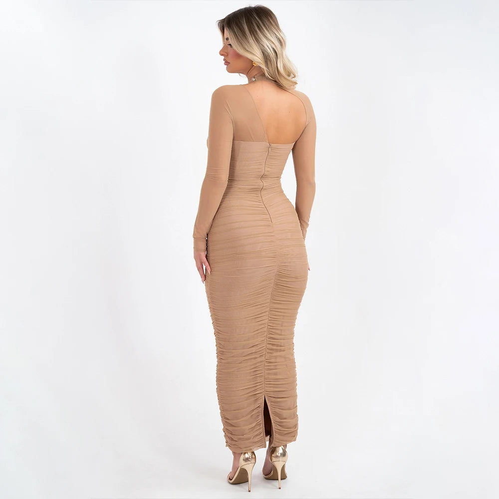 Nibber Mesh Patchwork Women Dress Long Sleeves Elegant Temperament Irregular Diagonal Collar Folds Zipper Stretch Long Bodycon Aviola