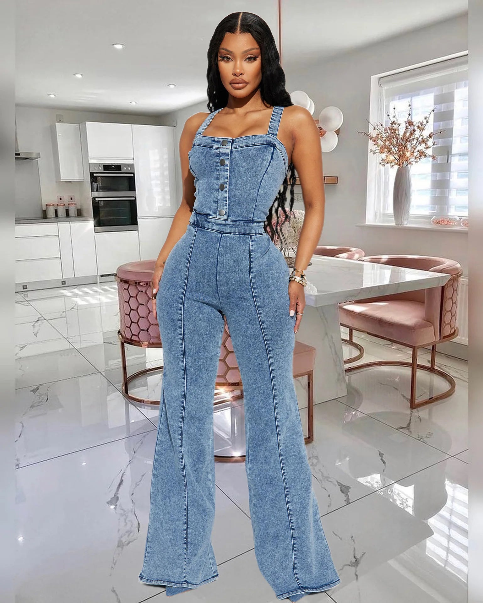 Women Jeans Rompers Sexy Overalls Jumpsuits Square Collar One Piece Solid Flare Pants Ankle Length Baics Spliced Button Aviola
