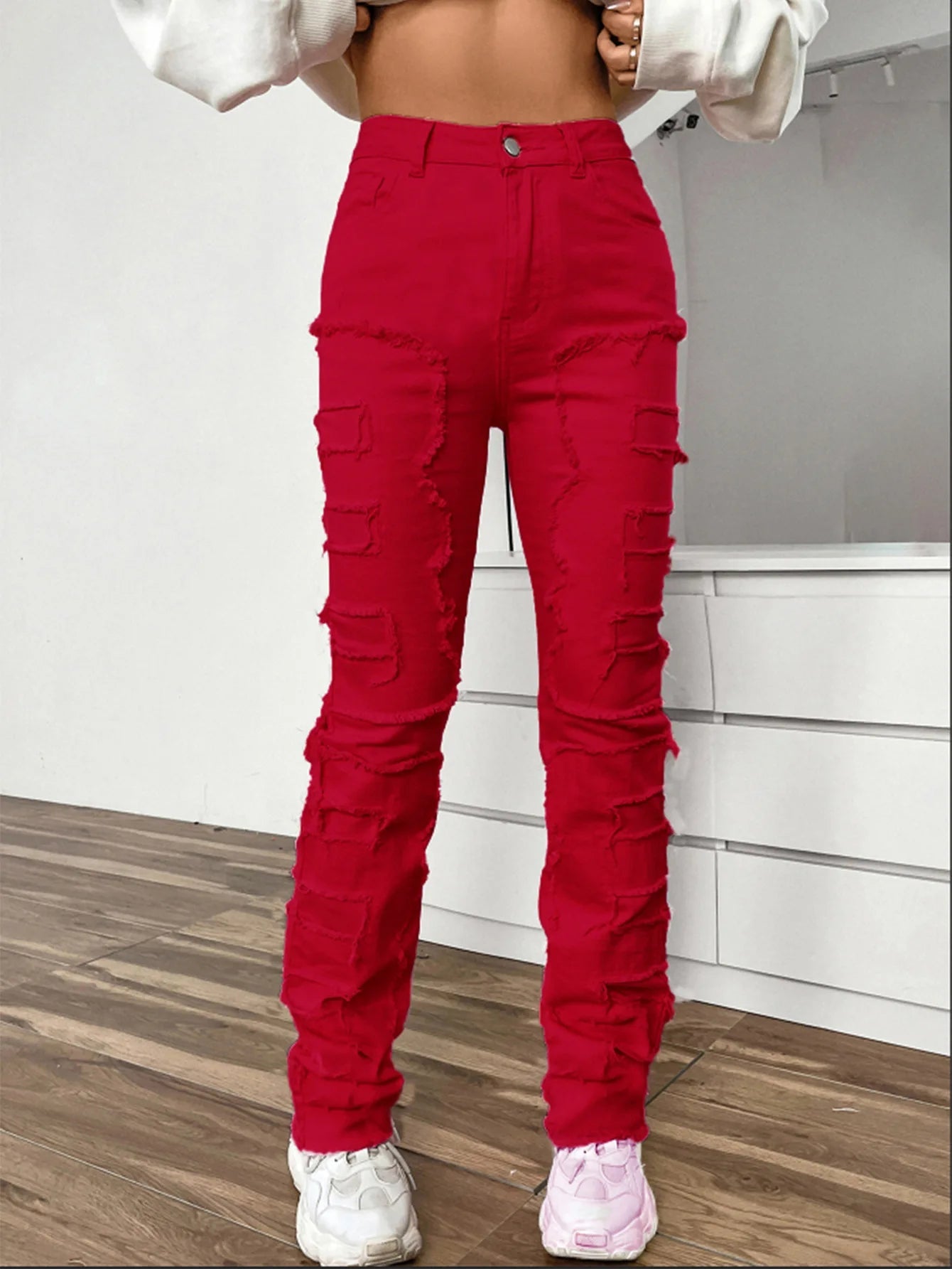Women Jeans Denim Straight Pants Spliced Patchwork High Street Slim Fit Pockets Mid Waist Washing Zipper Slight Srech 2024 Aviola