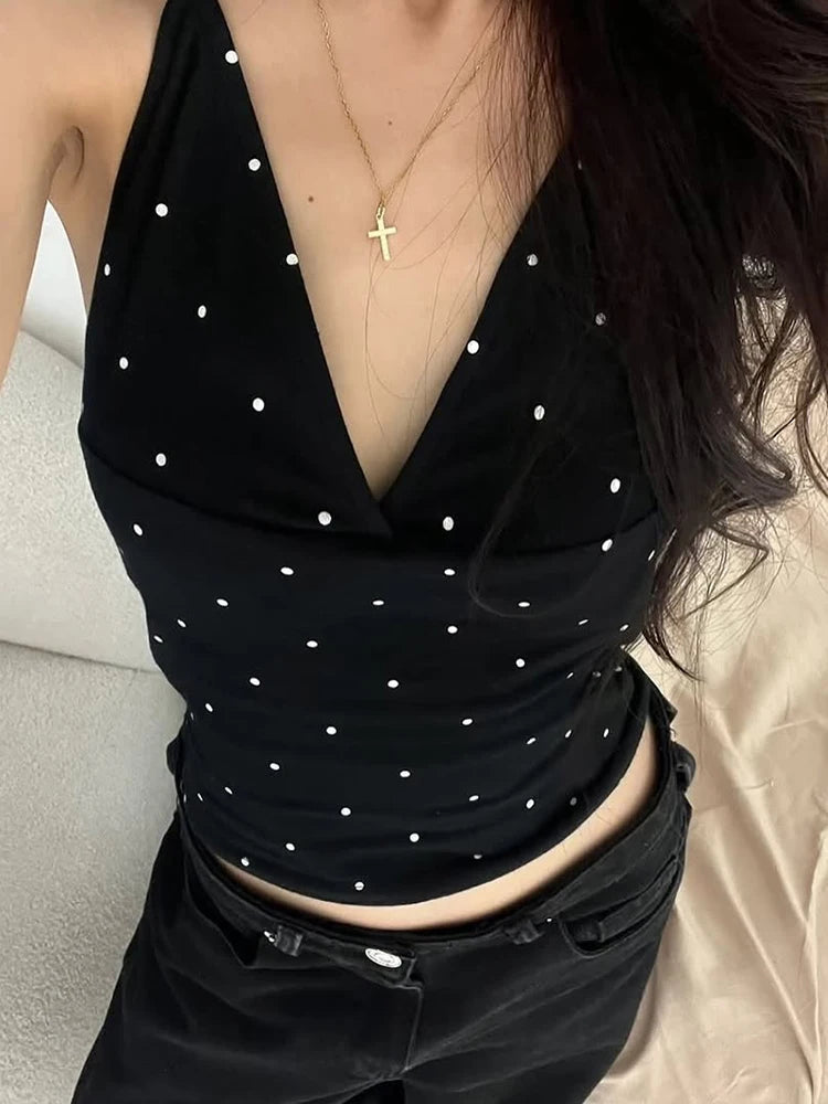 Nibber Polka Dot Print Tops Women v-Neck Halter Lace-Up Backless Sleeveless Skinny Sexy Daily Street Summer Versatile Outfits Aviola