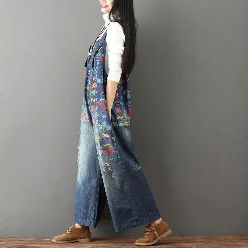 Jean Women Overalls Washed Denim Bleached Wide Leg Pants Hole Ripped Ankle Length Jeans Distressed Pockets Print Casual Aviola