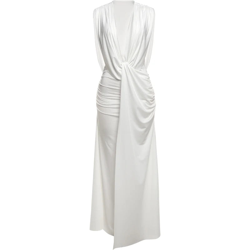 Nibber Wrap Ruched Temperament Dress Women Sexy Deep V-Neck Sleeveless High Elasticity Buttocks Beach Party Solid Long Bodycon Aviola
