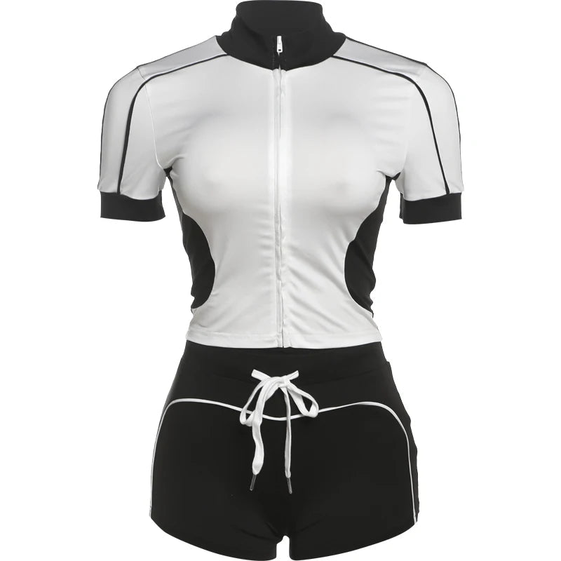 Nibber Summer Tracksuit Women 2 Piece Set Zip Patchwork Shorts Sleeve Crop Tops+Shorts Matching Sporty Skinny Stretch Outfits Aviola