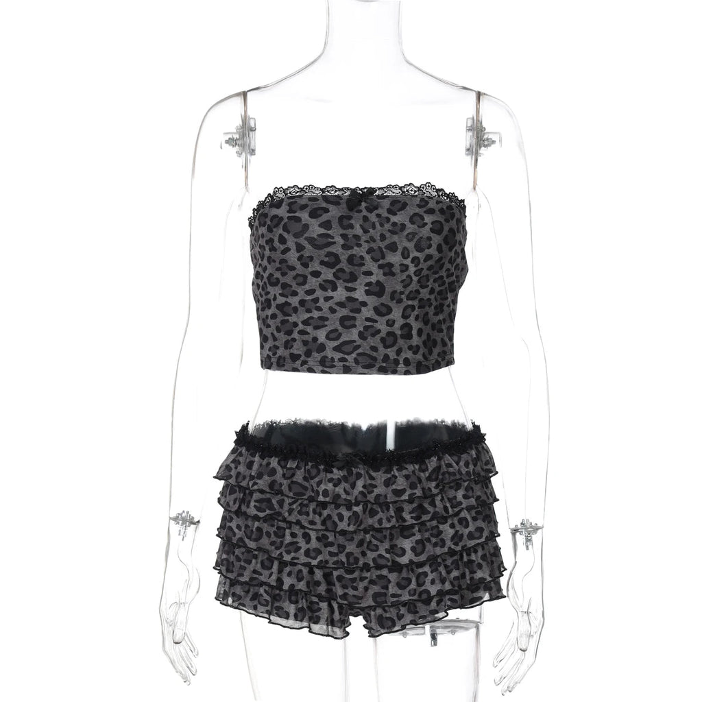 Nibber Sexy Leopard Print 2 Piece Set Women Mesh Patchwork Strapless Tops+Ruched Tierred Shorts  Hottie Street Hipster Suits Aviola