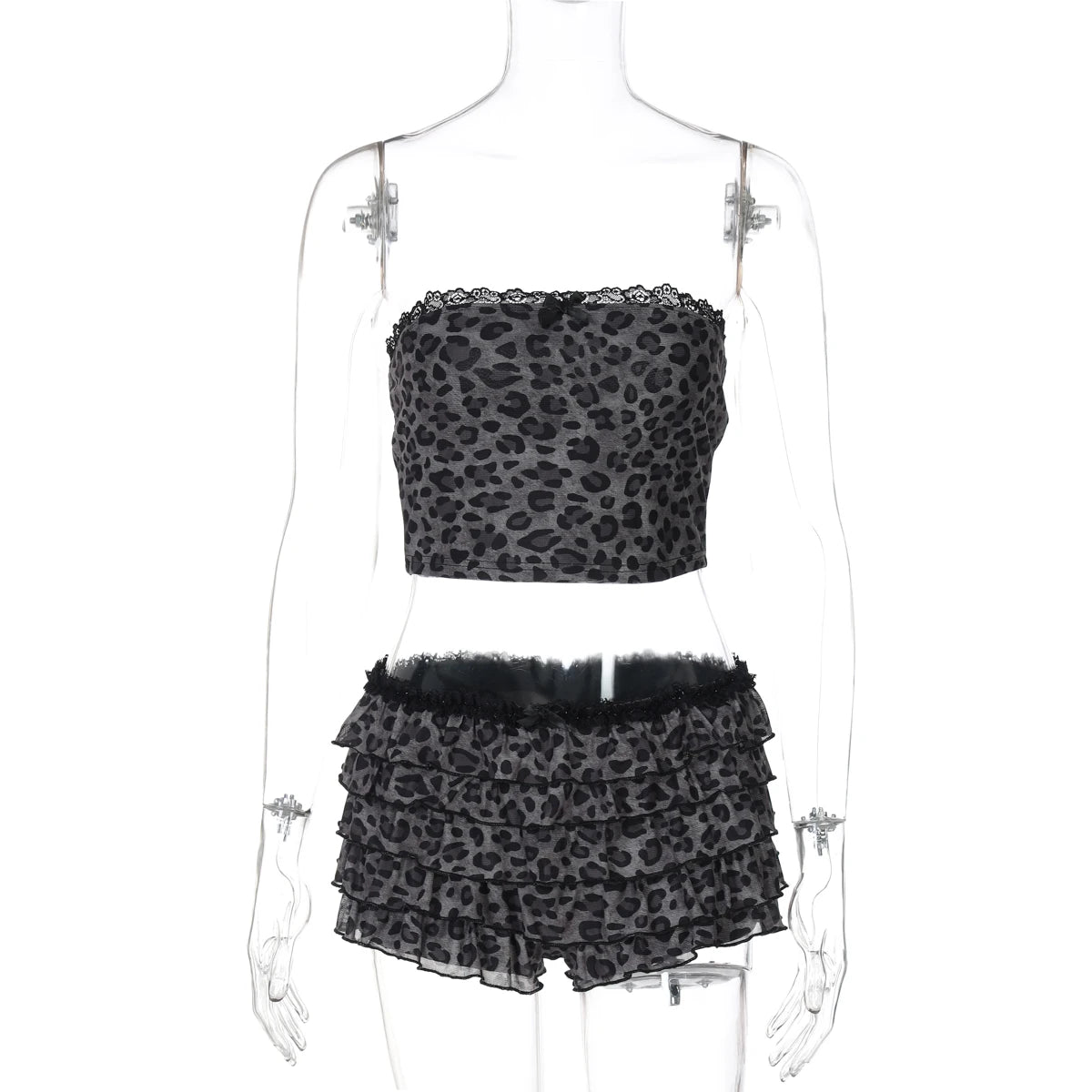 Nibber Sexy Leopard Print 2 Piece Set Women Mesh Patchwork Strapless Tops+Ruched Tierred Shorts  Hottie Street Hipster Suits Aviola