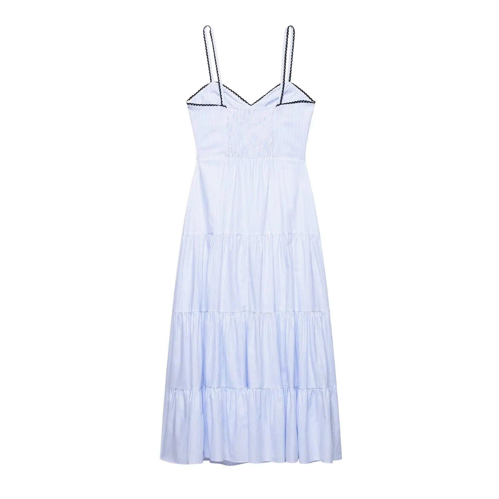 UNIZERA Pleated contrast lace trim striped suspender dress 2025 summer new arrivals women's casual loose midi dress Aviola