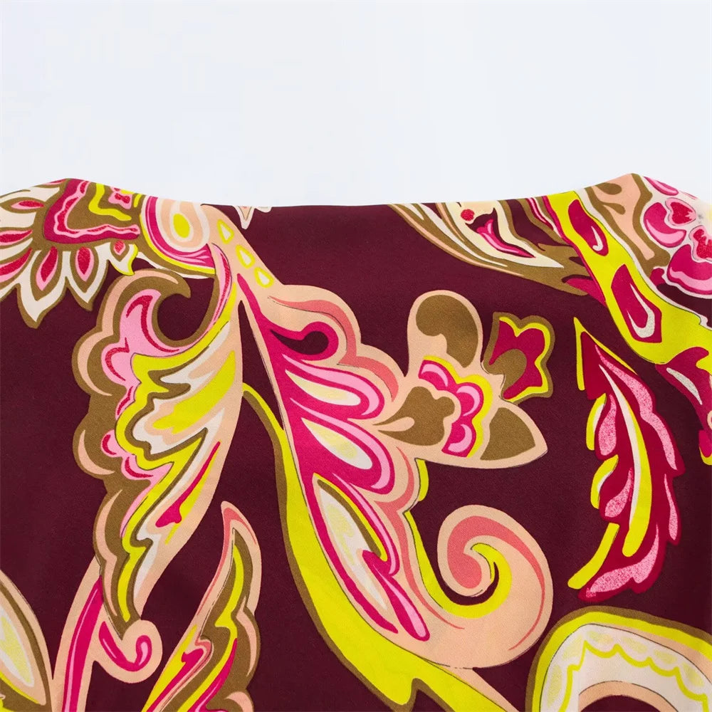 Gorgeous Burgundy Paisley Print Women Dress with Long Bell Sleeves and Belted Waist from BM&MD&ZA 2025 Collection Aviola