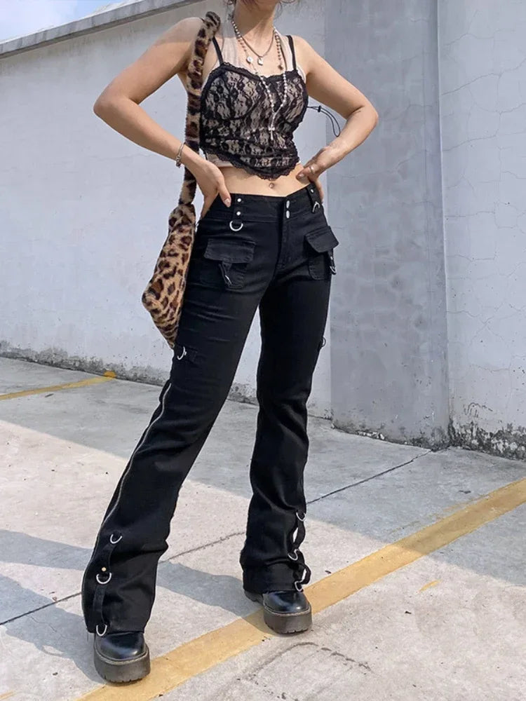 Low Waist Jeans Women Denim Straight Flare Pants Vintage Pockets Zipper Denim Punk 2025 Autumn Streetwear Ankle Length Trousers Aviola